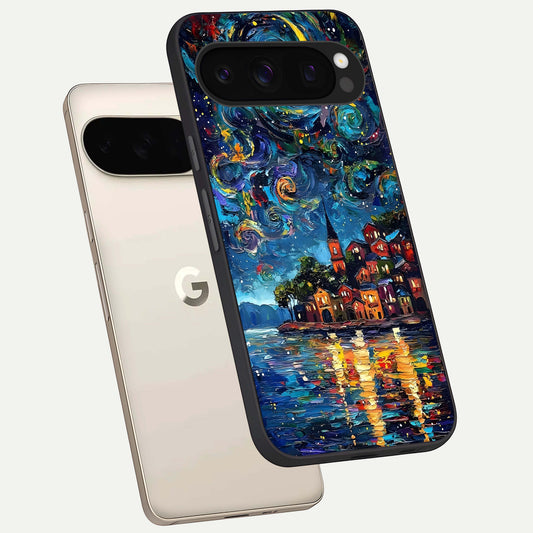  Moonlight Harbor Glow phone case For Google Pixel 10 Pro showing premium glass back cover with detailed artwork