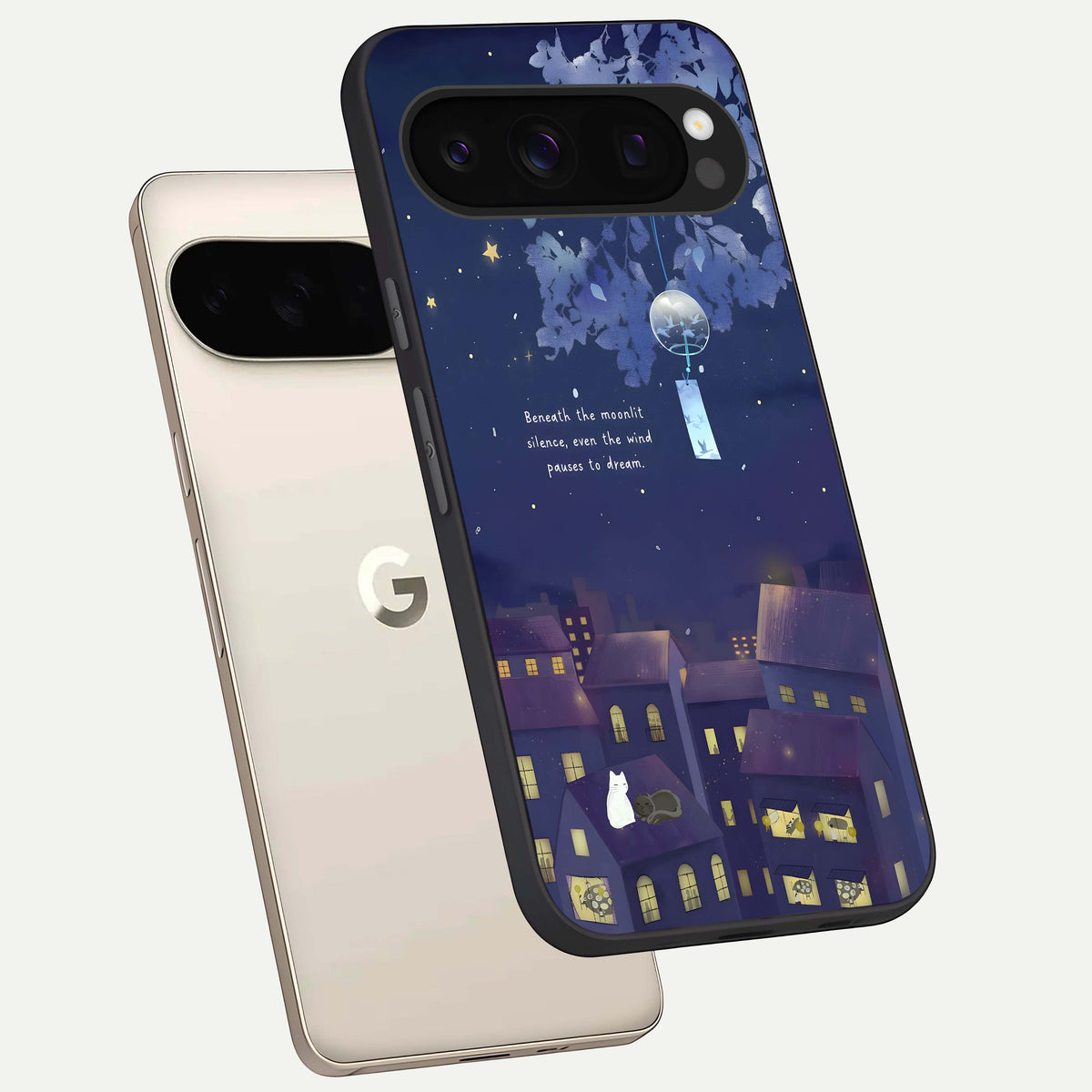  Moonlit Cat Silence phone case For Google Pixel 10 Pro showing premium glass back cover with detailed artwork