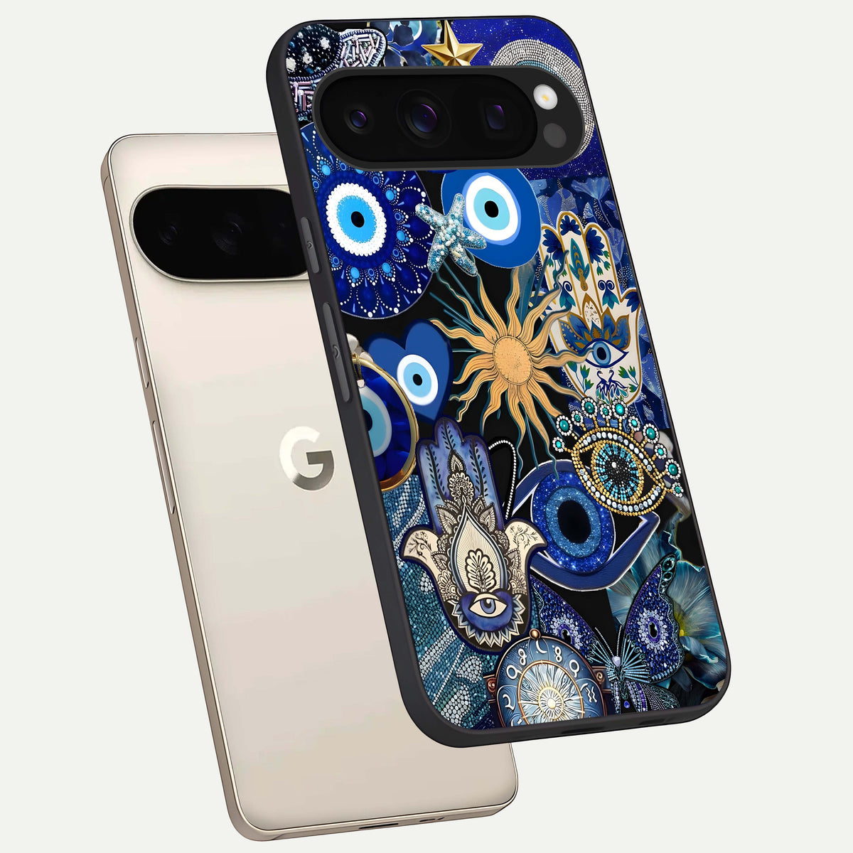  Mystic Blue Evil Eye phone case For Google Pixel 10 Pro showing premium glass back cover with detailed artwork