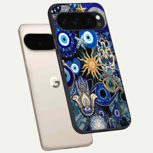  Mystic Blue Evil Eye phone case For Google Pixel 10 Pro showing premium glass back cover with detailed artwork