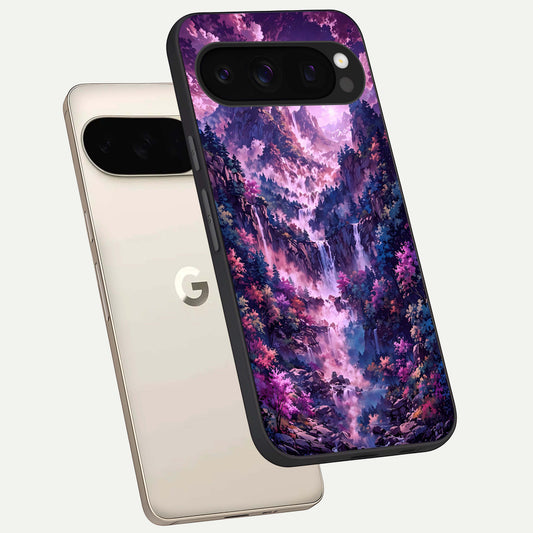  Mystic Cascade Peaks phone case For Google Pixel 10 Pro showing premium glass back cover with detailed artwork