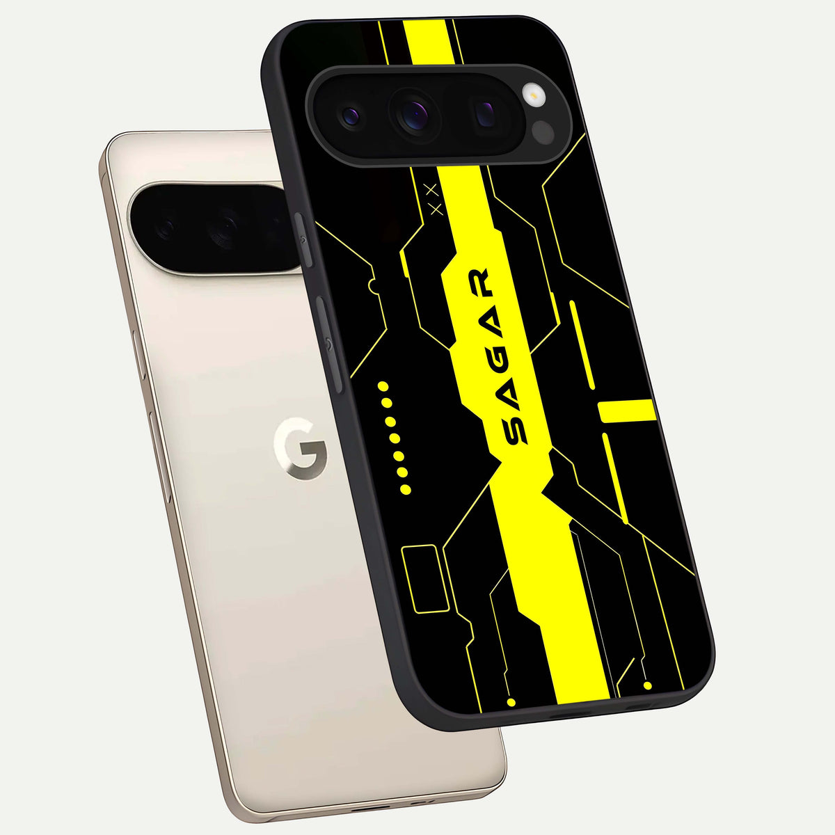  Neon CYBERPUNK Custom Name phone case For Google Pixel 10 Pro showing premium glass back cover with detailed artwork