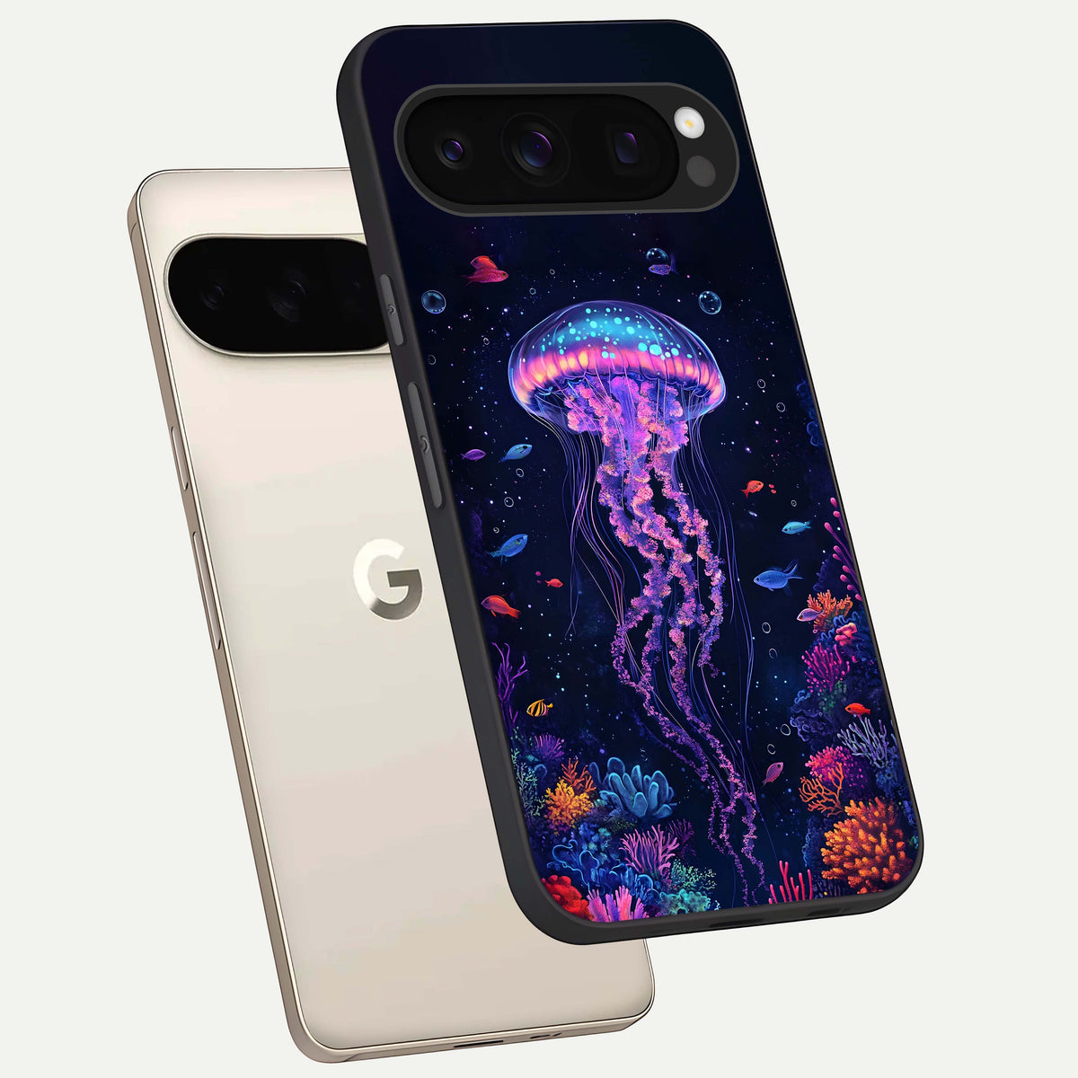  Neon Jellyfish phone case For Google Pixel 10 Pro showing premium glass back cover with detailed artwork
