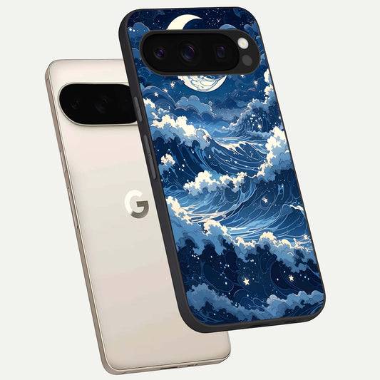 Ocean Moon Waves phone case For Google Pixel 10 Pro showing premium glass back cover with detailed artwork