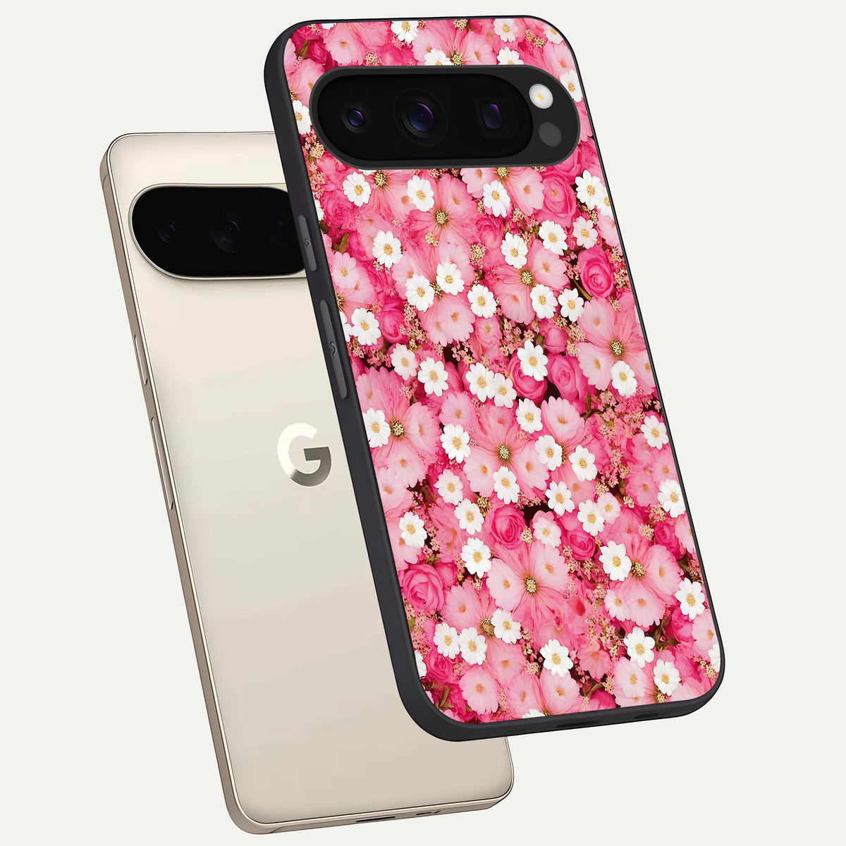  Pink Daisy Bliss phone case For Google Pixel 10 Pro showing premium glass back cover with detailed artwork