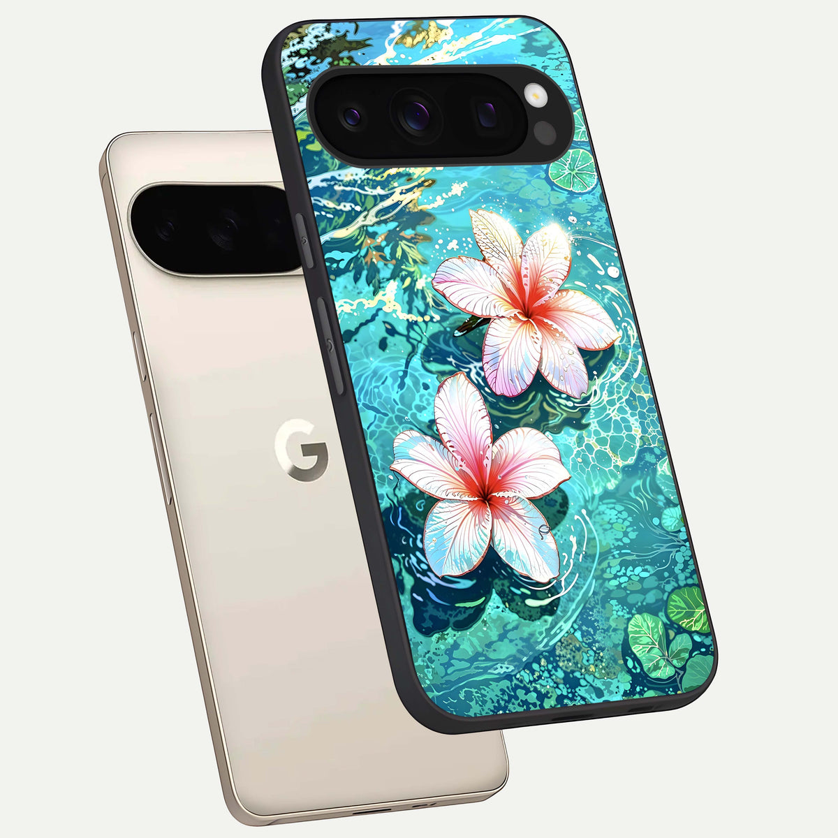  Pink Flowers in Water phone case For Google Pixel 10 Pro showing premium glass back cover with detailed artwork