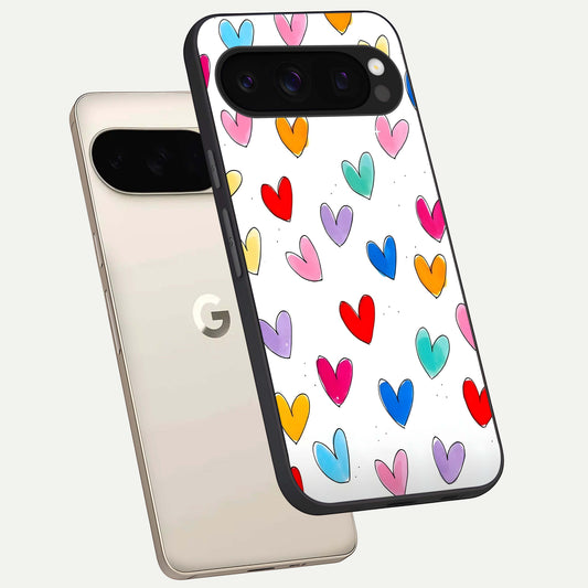  Playful Love Doodles phone case For Google Pixel 10 Pro showing premium glass back cover with detailed artwork