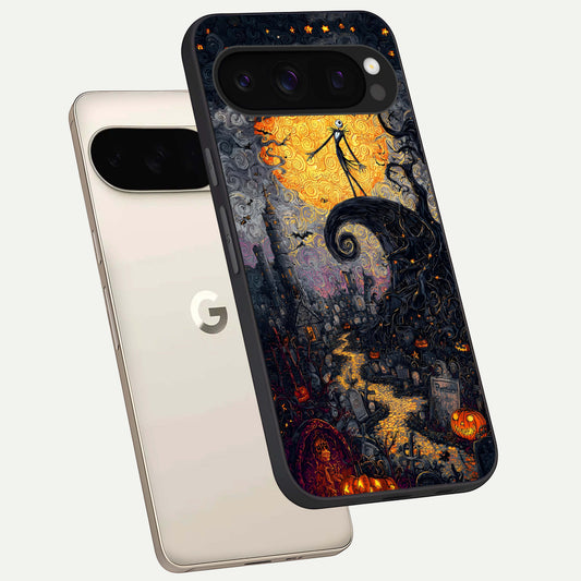  Pumpkin Moon Night phone case For Google Pixel 10 Pro showing premium glass back cover with detailed artwork