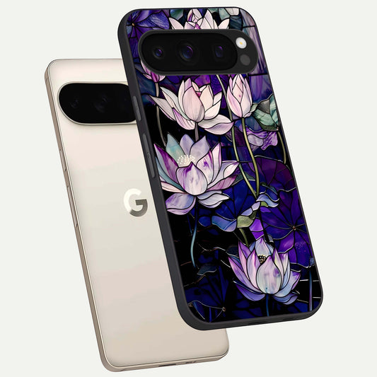  Purple Lotus Pattern phone case For Google Pixel 10 Pro showing premium glass back cover with detailed artwork
