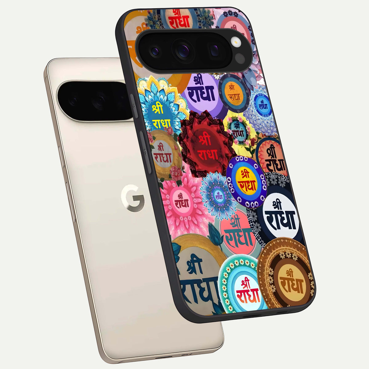  Radha Divine Bloom phone case For Google Pixel 10 Pro showing premium glass back cover with detailed artwork