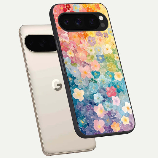  Rainbow Blossom Burst phone case For Google Pixel 10 Pro showing premium glass back cover with detailed artwork