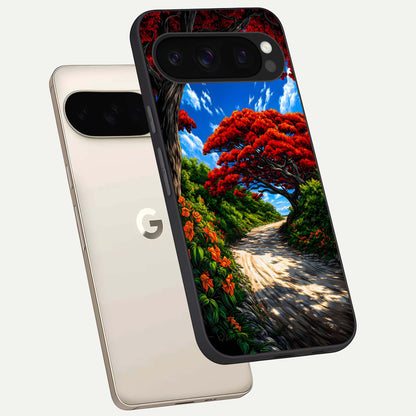  Red Trees Pathway phone case For Google Pixel 10 Pro showing premium glass back cover with detailed artwork