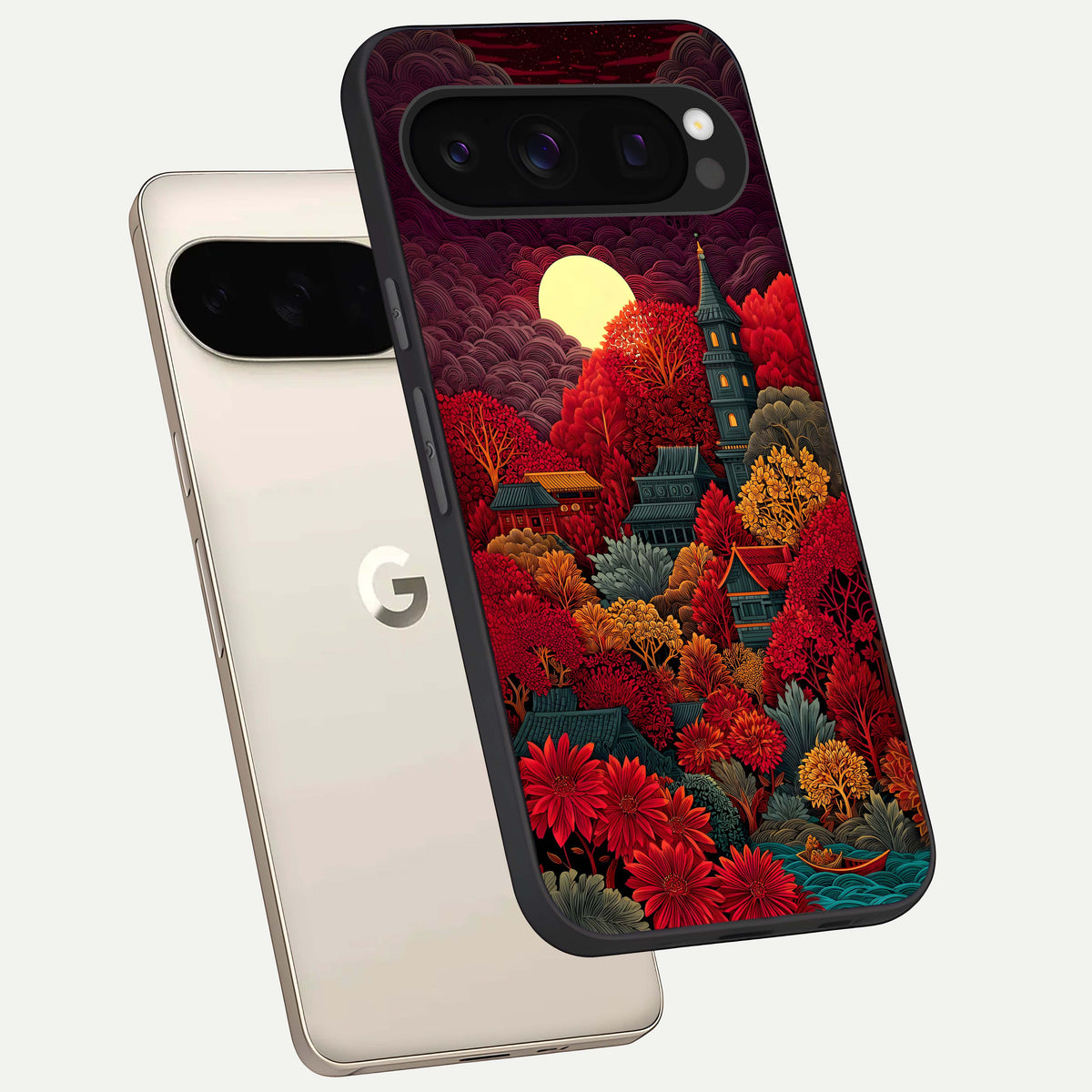  Scarlet Autumn Temple phone case For Google Pixel 10 Pro showing premium glass back cover with detailed artwork