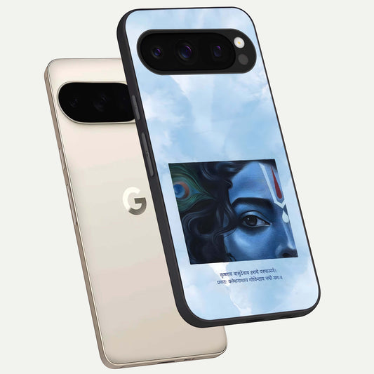  Spiritual Krishna phone case For Google Pixel 10 Pro showing premium glass back cover with detailed artwork