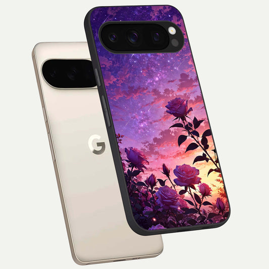  Starlit Rose Twilight phone case For Google Pixel 10 Pro showing premium glass back cover with detailed artwork