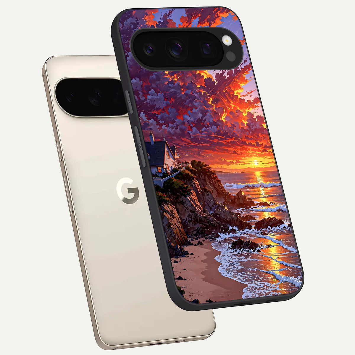  Sunset House By Sea phone case For Google Pixel 10 Pro showing premium glass back cover with detailed artwork