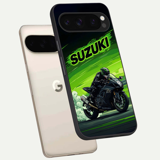  Suzuki Speed Beast phone case For Google Pixel 10 Pro showing premium glass back cover with detailed artwork