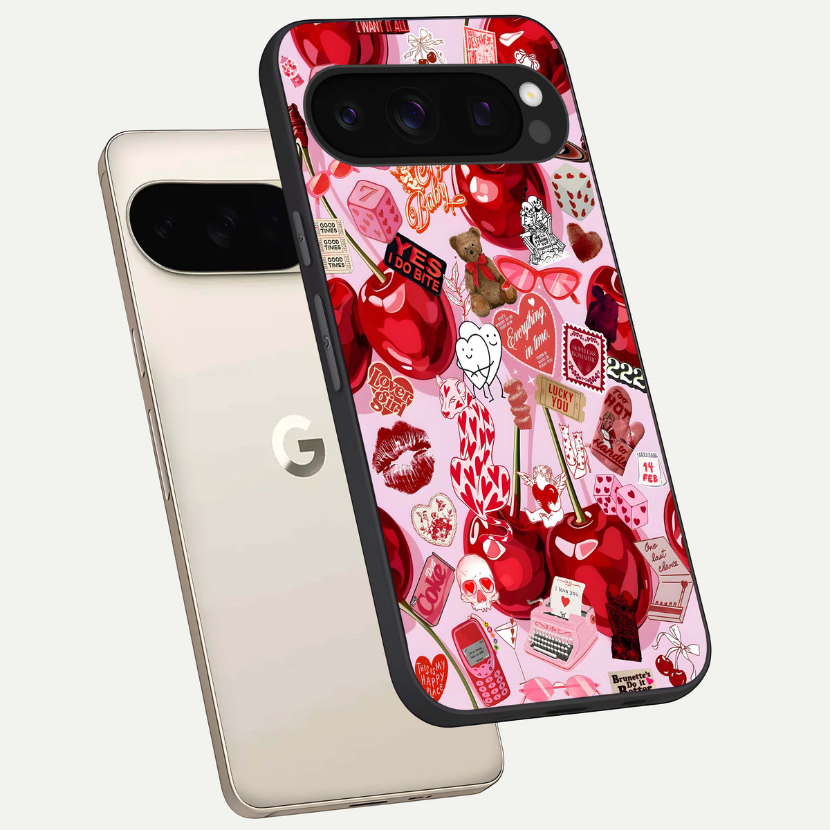  Sweet Cherry Chaos phone case For Google Pixel 10 Pro showing premium glass back cover with detailed artwork
