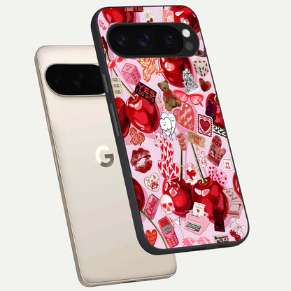  Sweet Cherry Chaos phone case For Google Pixel 10 Pro showing premium glass back cover with detailed artwork