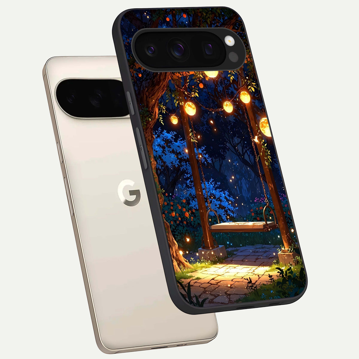  Twilight Garden Swing phone case For Google Pixel 10 Pro showing premium glass back cover with detailed artwork