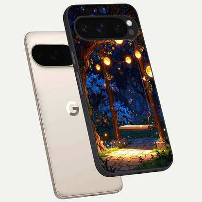 Twilight Garden Swing phone case For Google Pixel 10 Pro showing premium glass back cover with detailed artwork