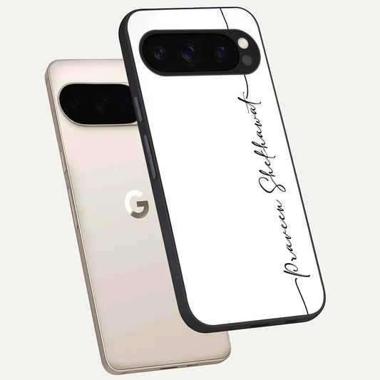  White Tune Custom Name phone case For Google Pixel 10 Pro showing premium custom name glass back cover