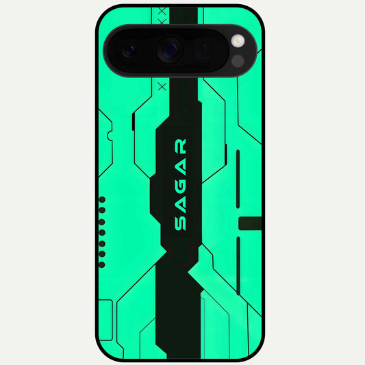  Aqua Tech CYBERPUNK Custom Name Glass Case For Google Pixel 10 Pro XL back cover – full design glossy printed glass finish
