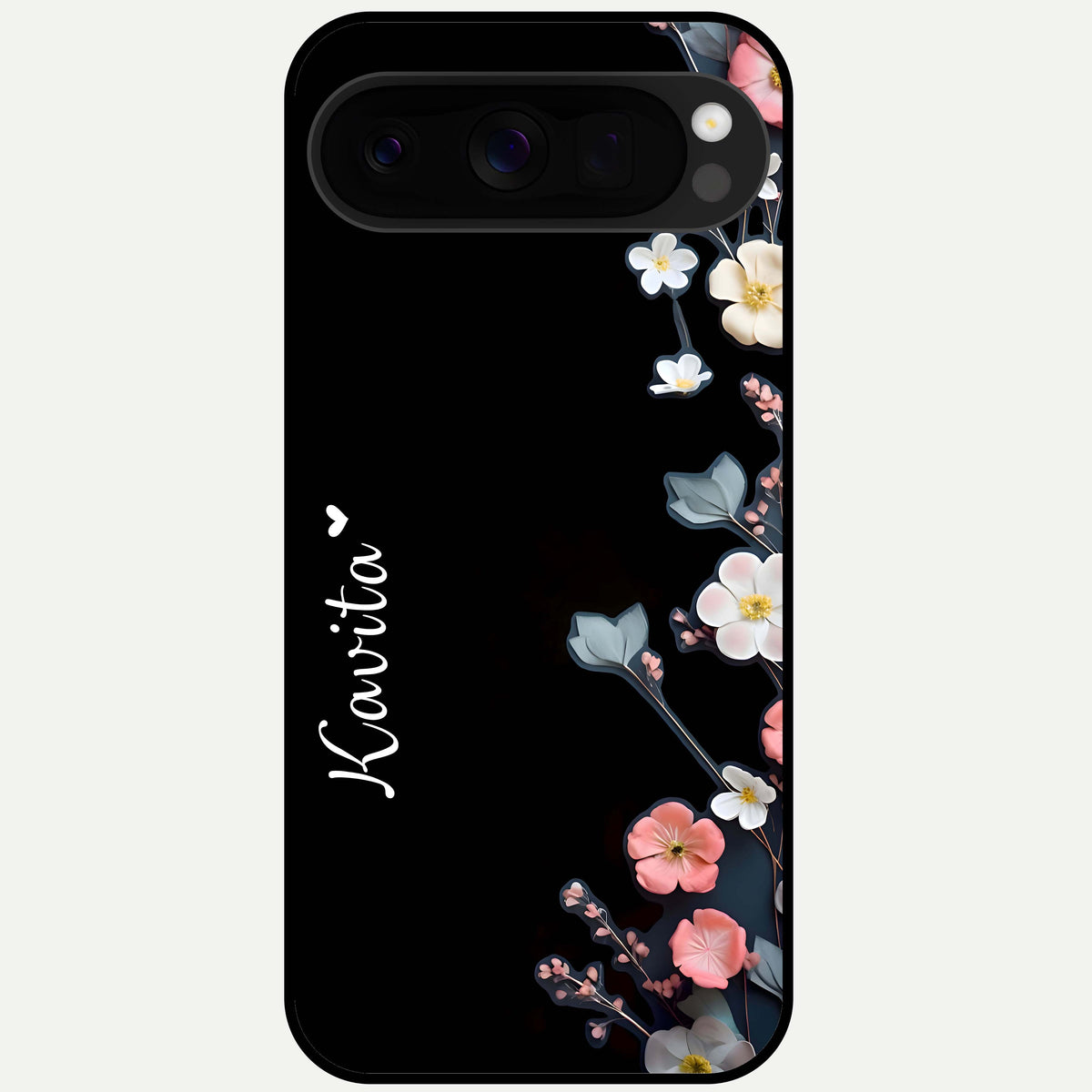  Black Elegance Floral Custom Name Glass Case For Google Pixel 10 Pro XL back cover – full design glossy printed glass finish