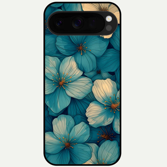  Blue Shade Floral Glass Case For Google Pixel 10 Pro XL back cover – full design glossy printed glass finish