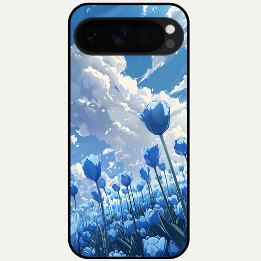  Blue Tulip Clouds Glass Case For Google Pixel 10 Pro XL back cover – full design glossy printed glass finish