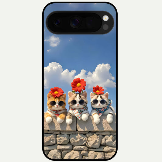  Floral Kitty Squad Glass Case For Google Pixel 10 Pro XL back cover – full design glossy printed glass finish