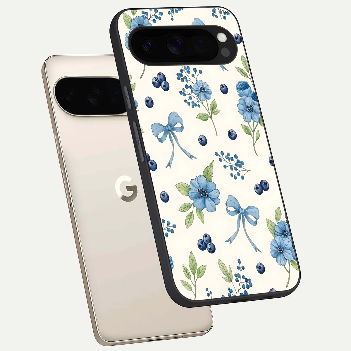  Blue Flower And Bow phone case For Google Pixel 10 Pro XL showing premium glass back cover with detailed artwork