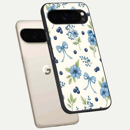 Blue Flower And Bow phone case For Google Pixel 10 Pro XL showing premium glass back cover with detailed artwork