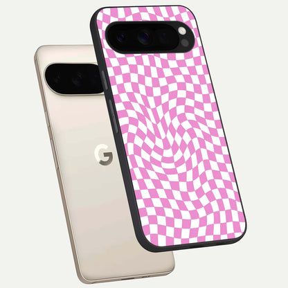  Bubblegum Check Wave phone case For Google Pixel 10 Pro XL showing premium glass back cover with detailed artwork