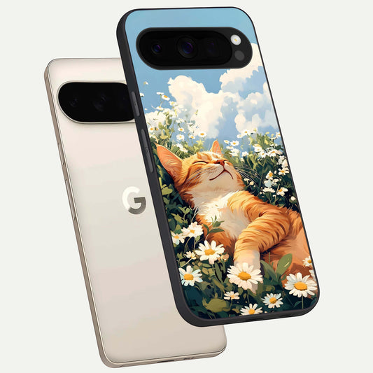  Cat And Flowers View phone case For Google Pixel 10 Pro XL showing premium glass back cover with detailed artwork