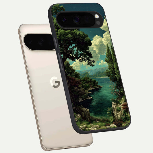  Celestial Lake Peace phone case For Google Pixel 10 Pro XL showing premium glass back cover with detailed artwork