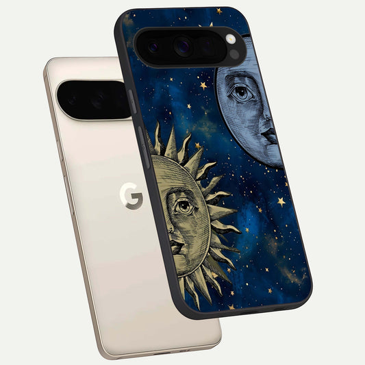  Celestial Moon With Sun phone case For Google Pixel 10 Pro XL showing premium glass back cover with detailed artwork