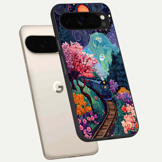  Celestial Train Journey phone case For Google Pixel 10 Pro XL showing premium glass back cover with detailed artwork