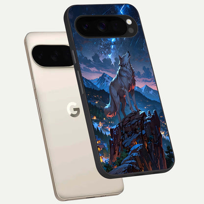  Celestial Wolf Howl phone case For Google Pixel 10 Pro XL showing premium glass back cover with detailed artwork