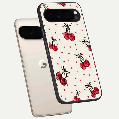  Cherry Heart Bow phone case For Google Pixel 10 Pro XL showing premium glass back cover with detailed artwork