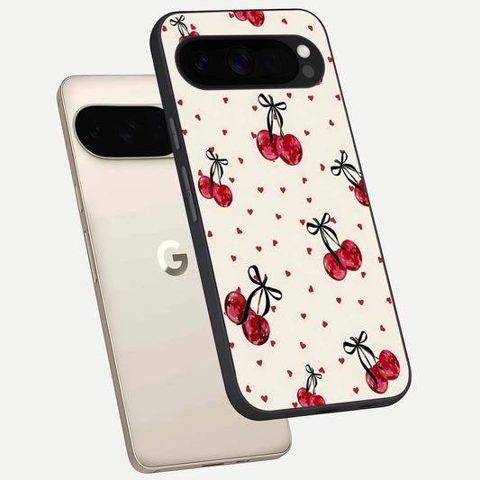  Cherry Heart Bow phone case For Google Pixel 10 Pro XL showing premium glass back cover with detailed artwork