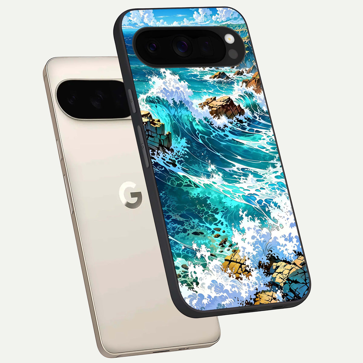  Coastal Blue Waves phone case For Google Pixel 10 Pro XL showing premium glass back cover with detailed artwork