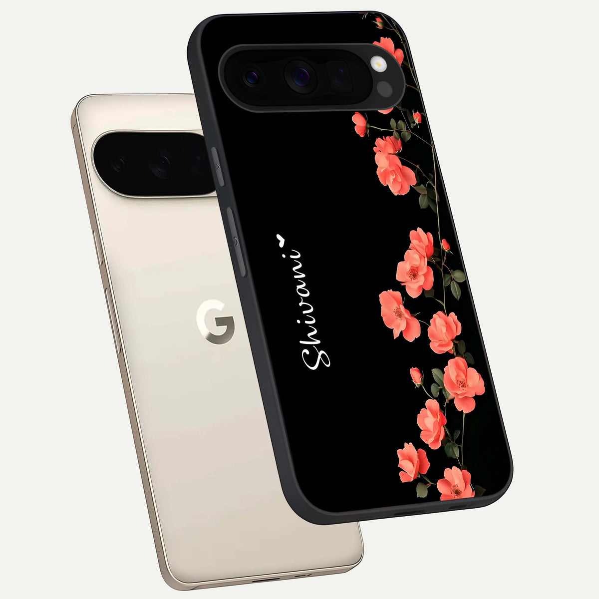  Crimson Bloom Grace Custom Name phone case For Google Pixel 10 Pro XL showing premium glass back cover with detailed artwork
