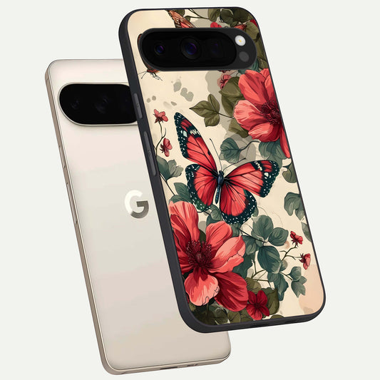  Crimson Butterfly Garden phone case For Google Pixel 10 Pro XL showing premium glass back cover with detailed artwork