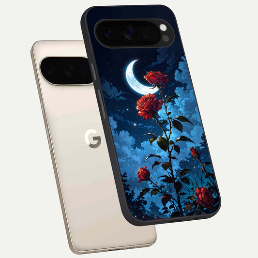  Crimson Rose Moon phone case For Google Pixel 10 Pro XL showing premium glass back cover with detailed artwork