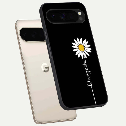  Custom Name White Flower phone case For Google Pixel 10 Pro XL showing premium glass back cover with detailed artwork