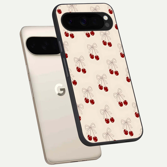  Cute Cherry Pattern phone case For Google Pixel 10 Pro XL showing premium glass back cover with detailed artwork