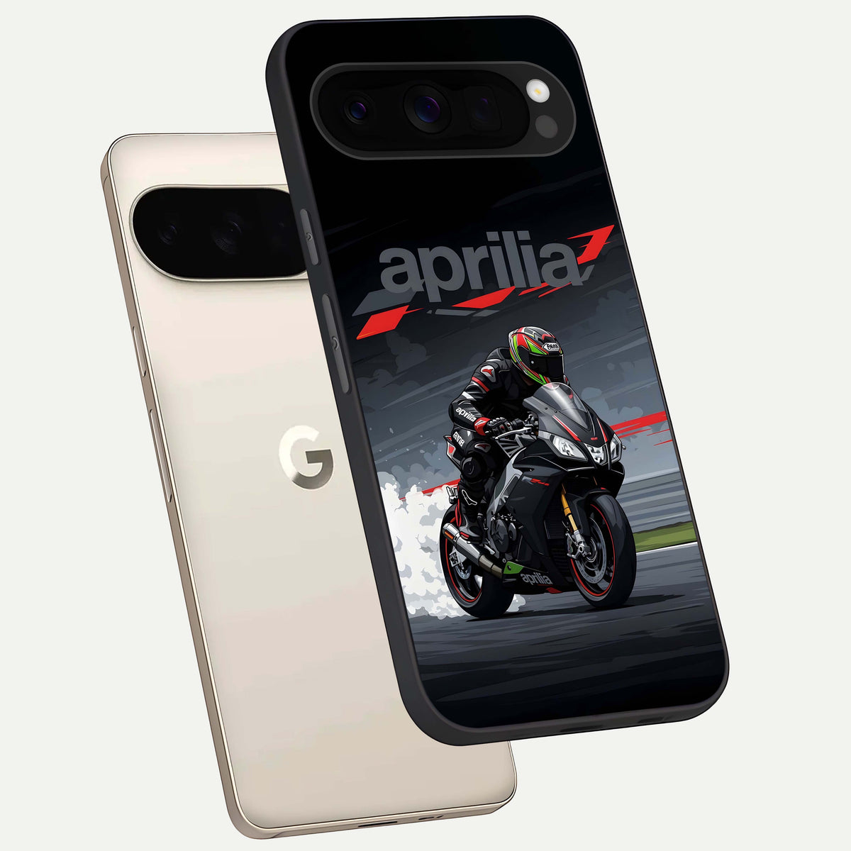  Dark Aprilla phone case For Google Pixel 10 Pro XL showing premium glass back cover with detailed artwork