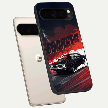  Dark Charger Fury phone case For Google Pixel 10 Pro XL showing premium glass back cover with detailed artwork