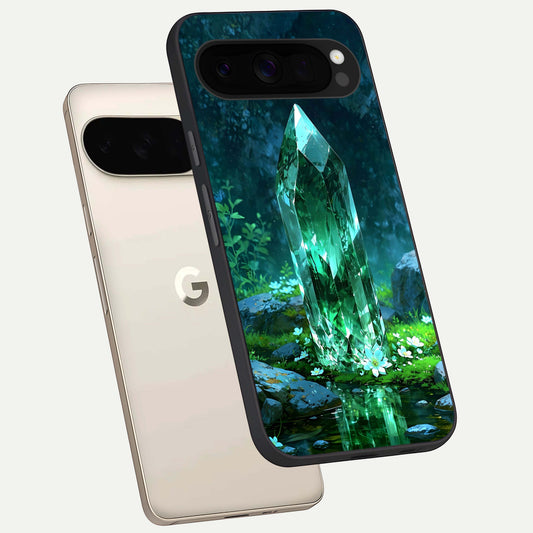  Emerald Light Crystal phone case For Google Pixel 10 Pro XL showing premium glass back cover with detailed artwork